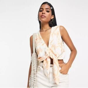 Abercrombie & Fitch Orange & White Linen Blend Sleeveless Tie Front Crop Top Lg